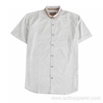 Men's Short-sleeve Print Band Collar Casual Cotton Shirt